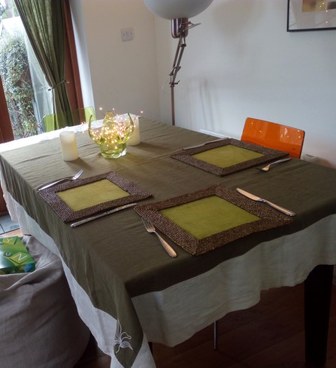 Hemp Tablecloth - Deep Sage Green and Ivory 180cm x 180cm